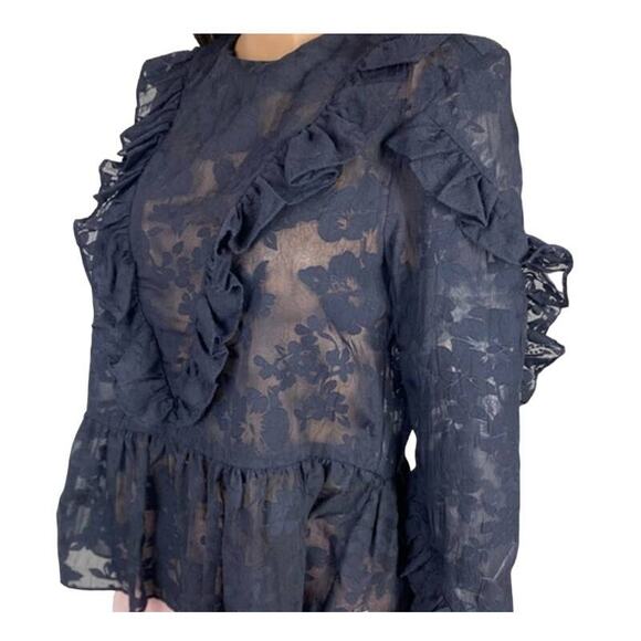 H&M Tops - H&M Navy Blue Sheer Floral Ruffle Peplum Long Sleeve Shirt Top Womens Sz 4